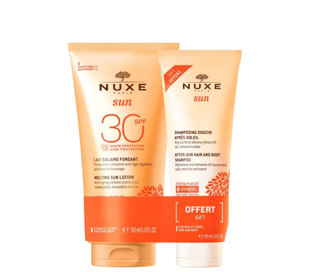 Nuxe Sun – mleczko do opalania twarzy i ciała SPF30, żel pod prysznic po opalaniu